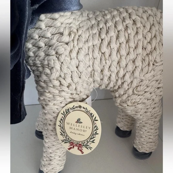 Wellesley Manor Holiday Braided Rope Reindeer  Blue Velvet Bow & Gold Bells - Picture 6 of 6